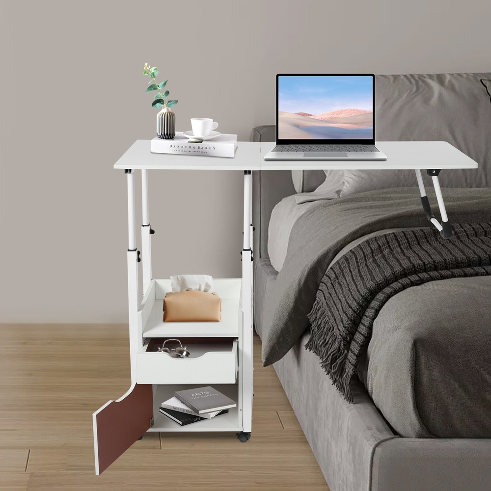 Overbed Table w/ Wheels, Movable Bedside Table, Height Adjustable Over Bed Desk