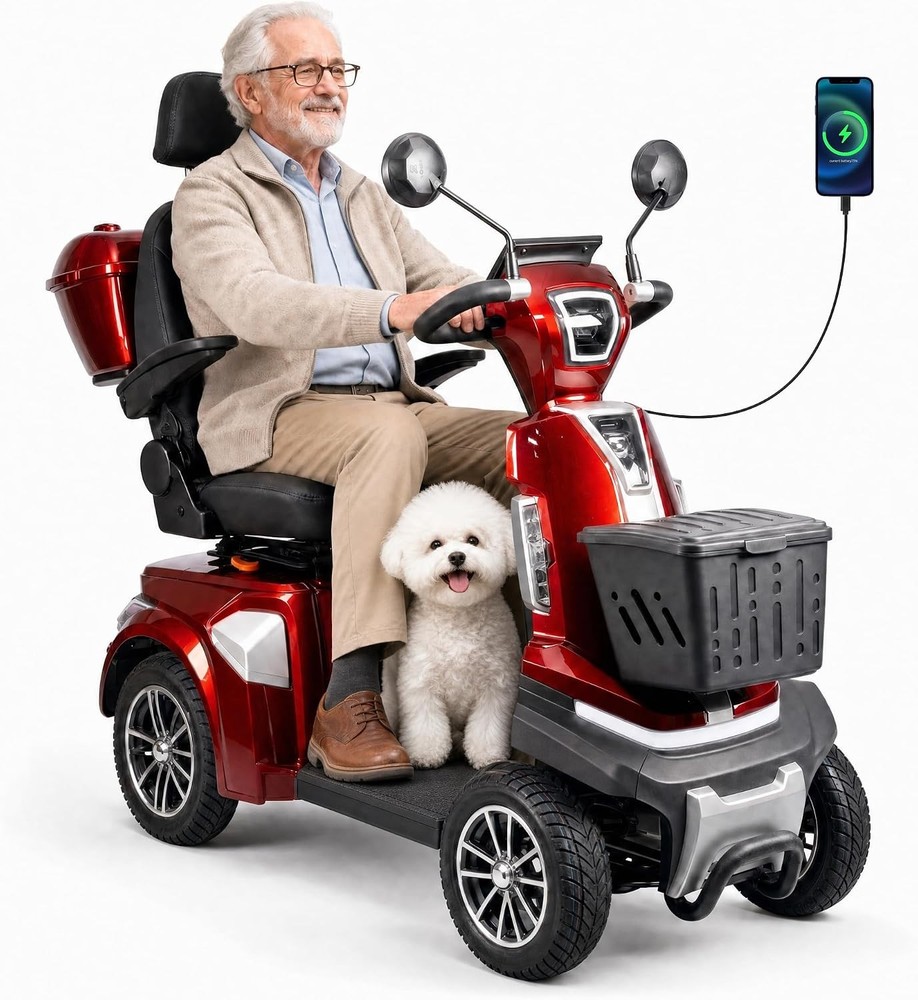 Heavy Duty 4-Wheel Mobility Scooter 25-37 Miles Range 4-Speed, 500W 48V, Red