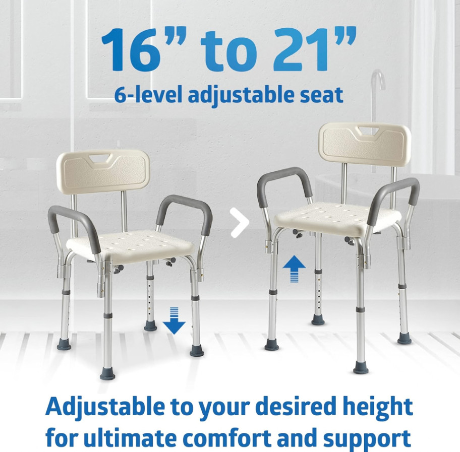 Medline Shower Chair with Back Padded Armrests Adjustable 16-21 350lb
