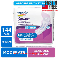 2pk Equate Options Incontinence Pads, Moderate Regular, 144 Ct, Bladder Control