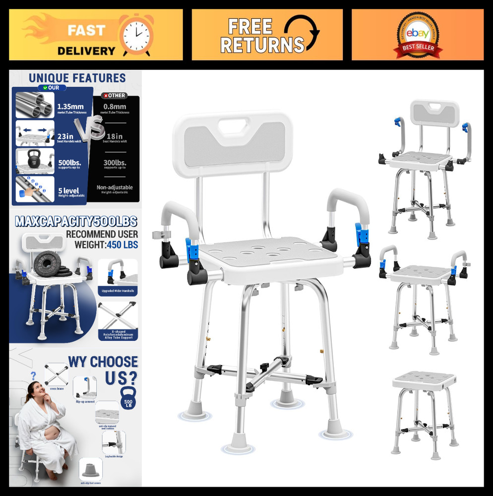 Heavy Duty Shower Chair for Seniors & Disabled – 500 Lbs Capacity, Adjustable wi