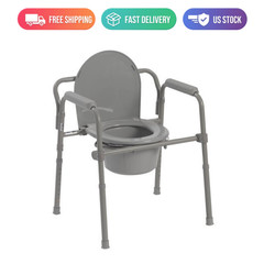 Drive Medical Folding Steel Bedside Commode Deep Seat Gray 350 lb Capacity