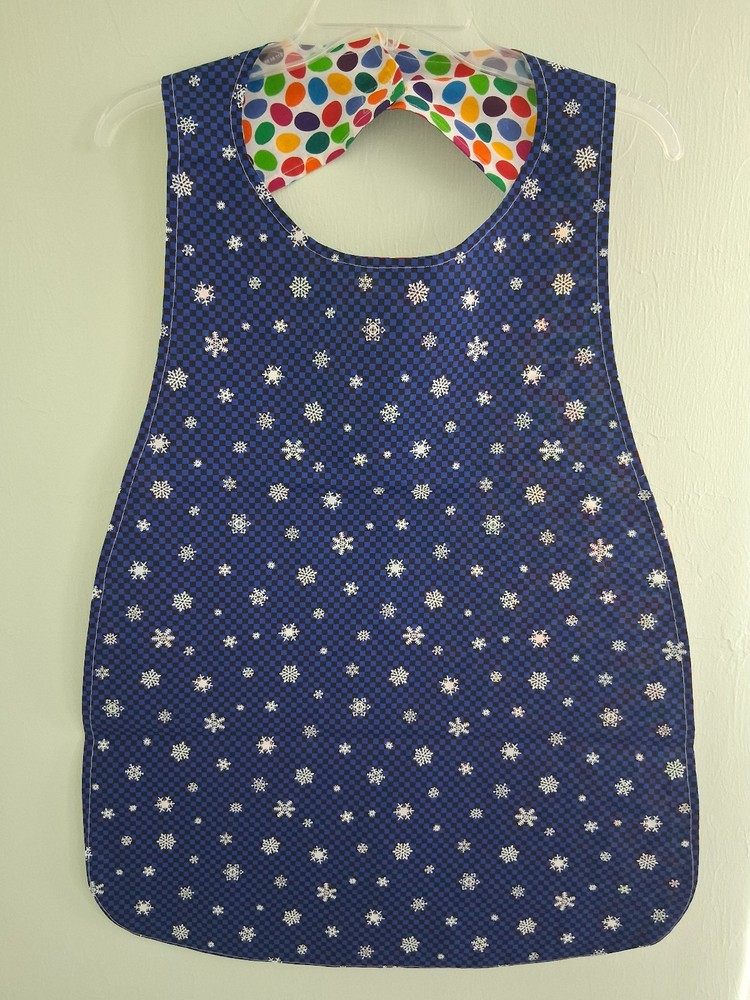 Adult Bib Handmade White Snowflakes & Jelly Beans, 35 1/2” by 21 ½”, reversible