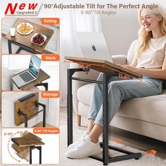 C-Shaped Side Table 8-Level Height Adj, Tiltable, w/ Phone & Tablet Slot, Brown
