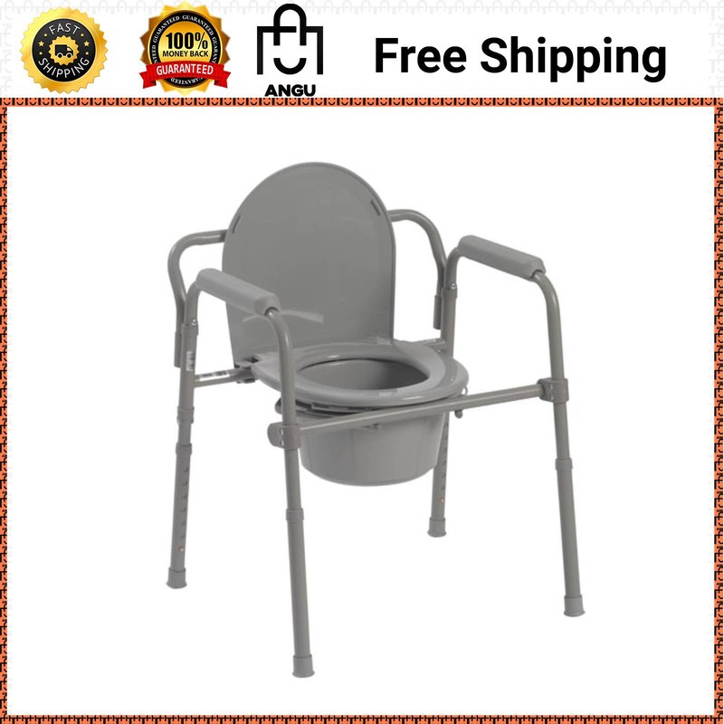 Drive Medical Steel Folding Bedside Commode Deep Seat Portable Toilet Gray