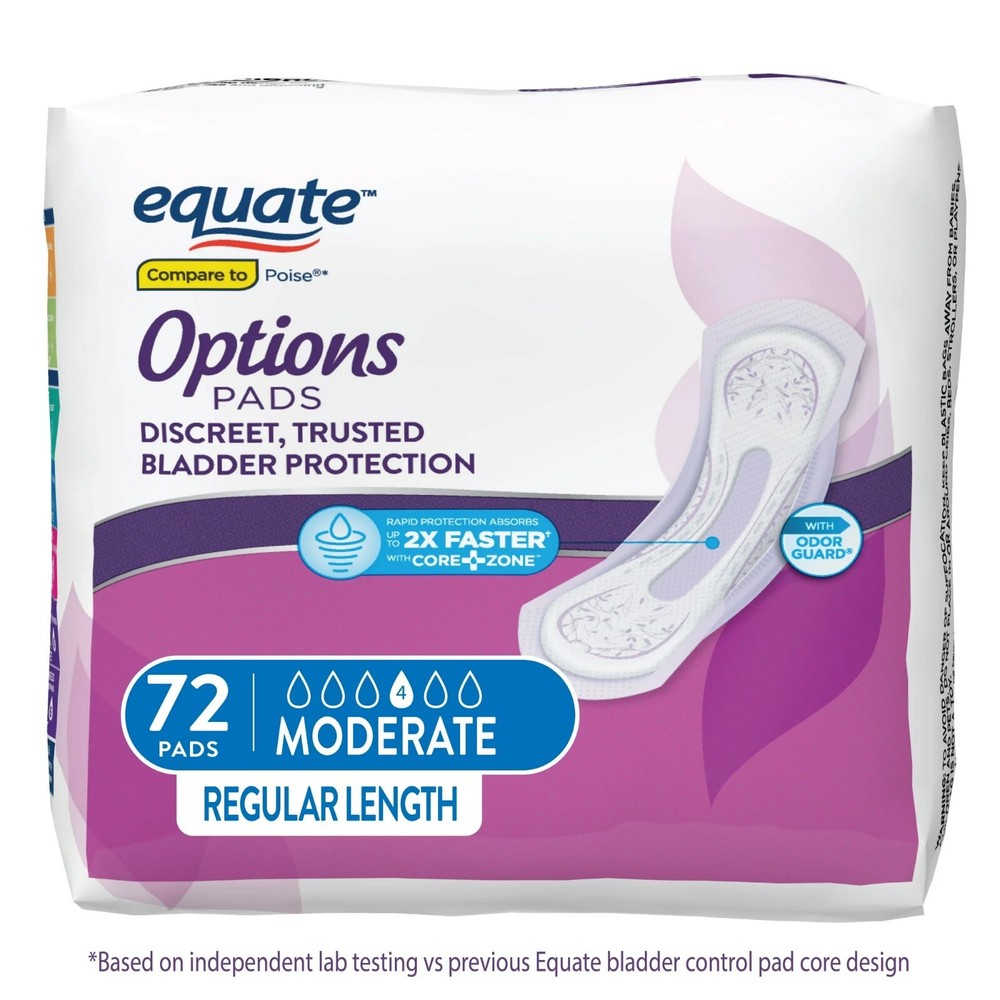 Equate Options Women’s Moderate-Regular Incontinence Pads, 72 Count