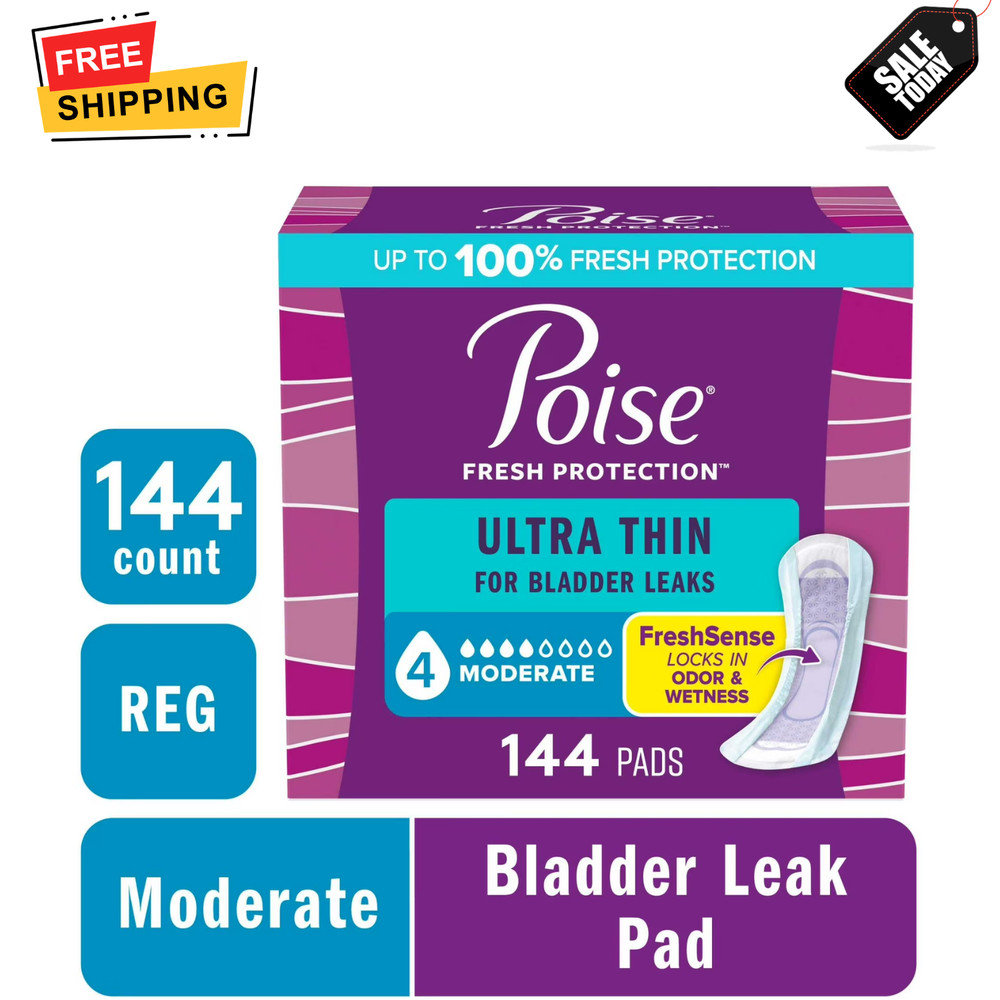 Poise Ultra Thin Incontinence Pads 144Ct 4 Drop Moderate Absorbency Regular