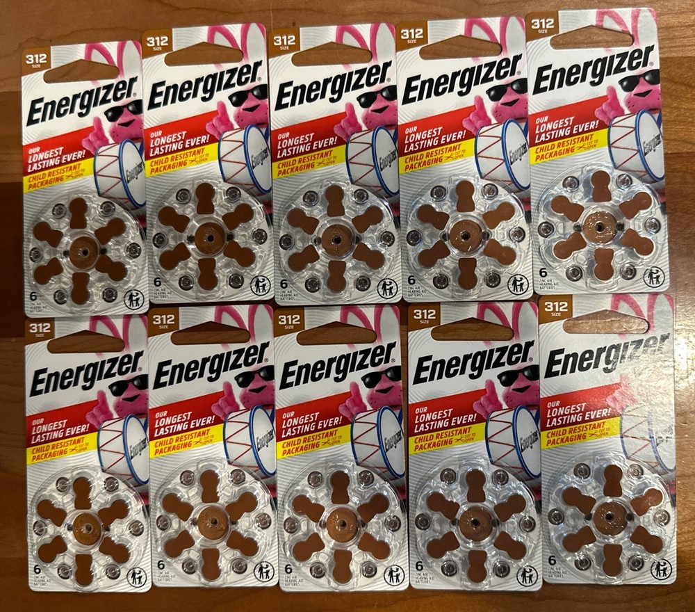 Lot of 10- Energizer Size 312 Brown Hearing Aid Batteries Exp 7/28 60 Batteries