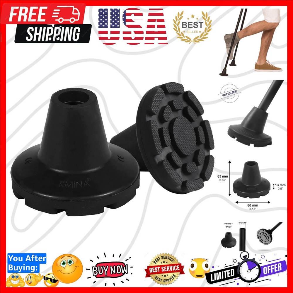 Crutch Tips 7/8 Inch x2 Units, All Terrain Non-Slip Cane Tips, Heavy Duty Rub…