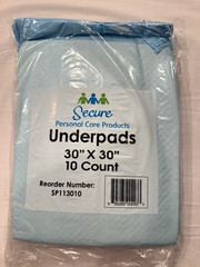 Secure Personal Care Underpads 30 x 30 in Blue 10 Ct 10 pack Total of 100 Counts