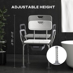 3-in-1 Shower Chair with Back and Arms Height Adjustable Bedside Commode White