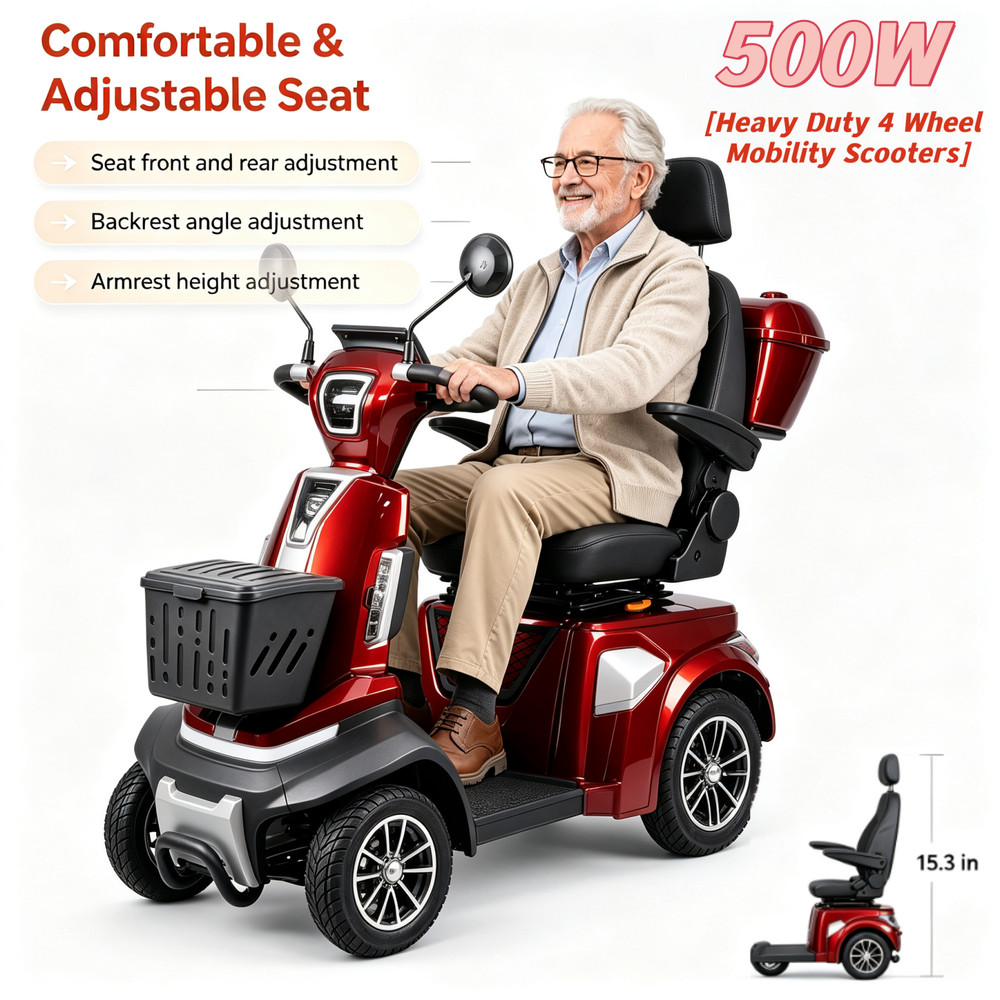 500W Heavy Duty 4 Wheel Mobility Scooters 48V Max Weight Capacity 700 lbs Red