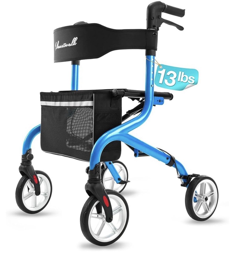 Planetwalk Rollator Walker Super Lightweight Non Slip Rubber Wheels 300lbs Blue