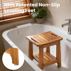 14″ Compact Teak Shower Stool with Shelf & Handle – Waterproof, 300 lbs Capacity