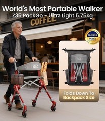 Z35 PackGo Foldable Lightweight Rollator Walker Red (Magnesium Alloy Frame)
