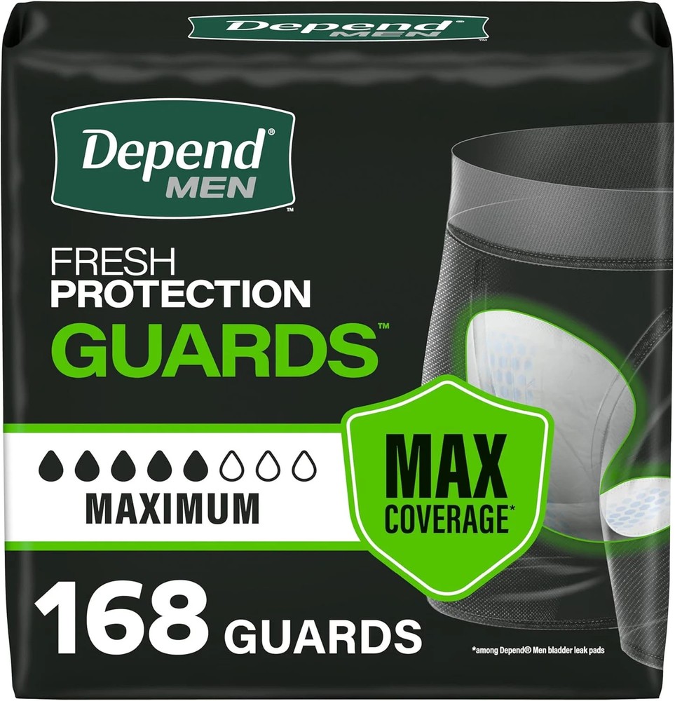 Depend Guards Incontinence Pads for Men, Maximum Absorbency, 168 Count, Packagin