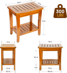 16″ Teak Shower Bench with Shelf – Durable Waterproof Stool for Indoor/Outdoor U