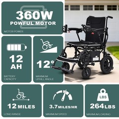 Ultralight 36Lbs Foldable Electric Wheelchair Adults Seniors 12 Mile Range All