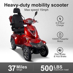 1000W Heavy Duty 4-Wheel Mobility Scooter for Senior 37Mile 15MPH 500lb Capacity