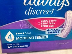 54 pads~ Always Discreet Moderate Long Absorbency 4 Drop Base Pads