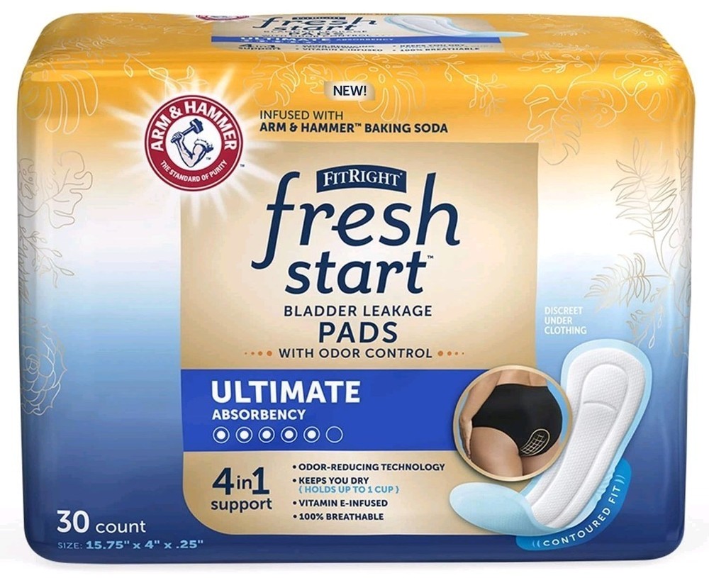 FitRight Incontinence & Postpartum Pads with ARM & Hammer Odor Control 30 Count