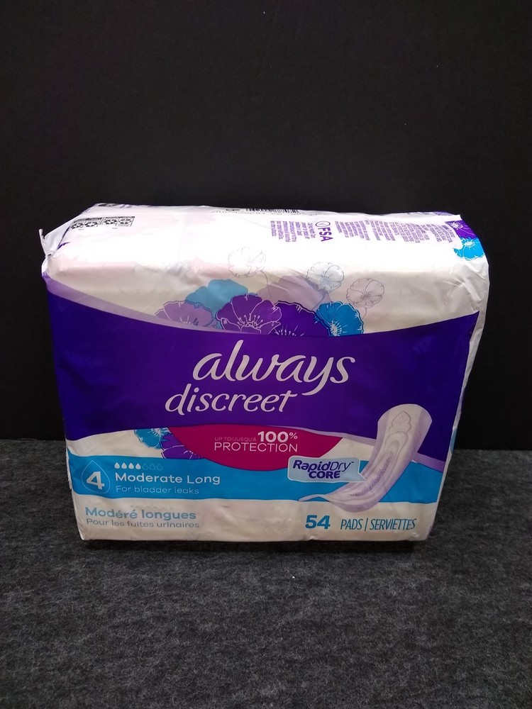 Always Discreet Pads for Women Plus 4 Moderate Long Rapid Dry Core 54 Pads