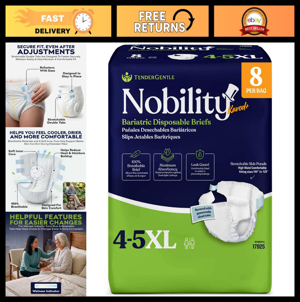 4-5XL Bariatric Adult Diapers – 8 Disposable Briefs with Stretchable Tabs & Brea