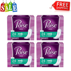 Poise Incontinence Pads for Women, Light 3 Drop, Long Length, 4 Pack (96 Count)