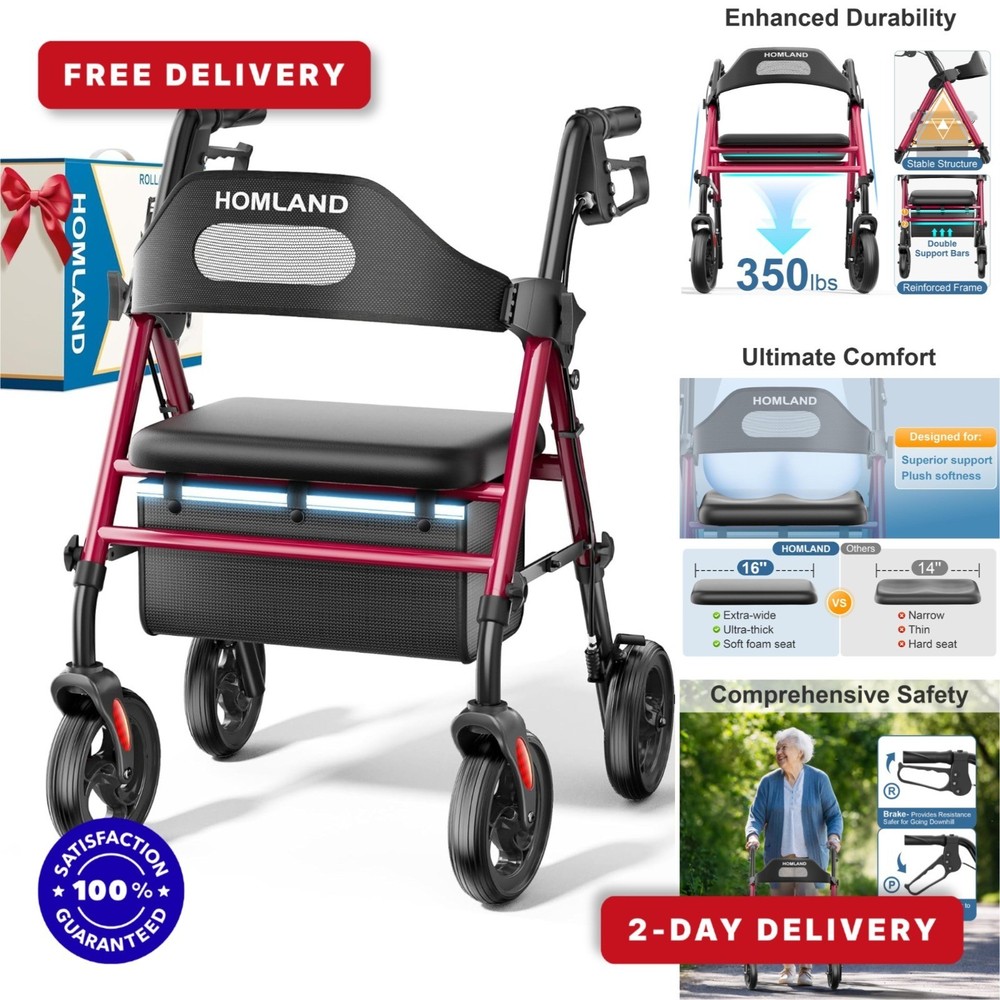 HOMLAND Foldable Rollator Walker with Seat, 350 lb Capacity, Red