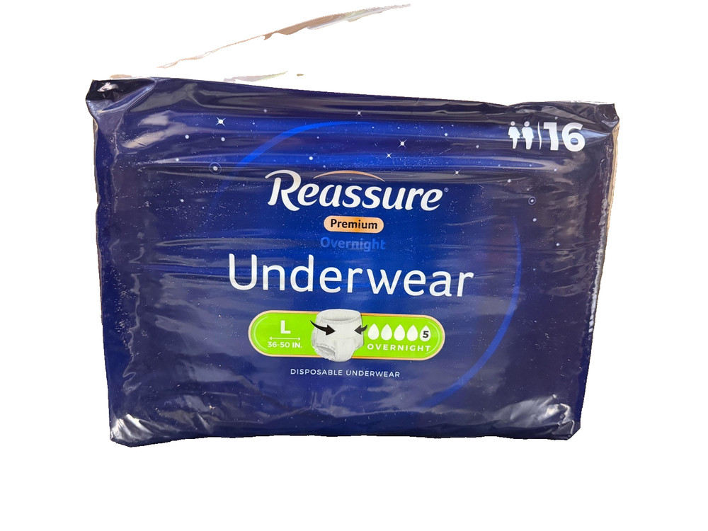 Reassure Unisex Adult Overnight Underwear Size L 36”-50” ~ 3 Packs (16 ea) =48