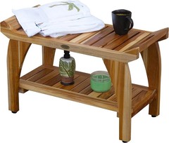 Solid Teak Shower Bench w/Shelf Arms Scandinavian Vibe Bath Spa Safety Seat 24″