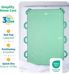 Positioning Bed Pads (2 Pack), 34″X52″ with 8 Handles, Quick-Drying, Washable