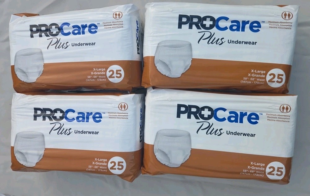 ProCare Plus Underwear X-Large (XL), 4 packs of 25 (100 count total) – New/Seale
