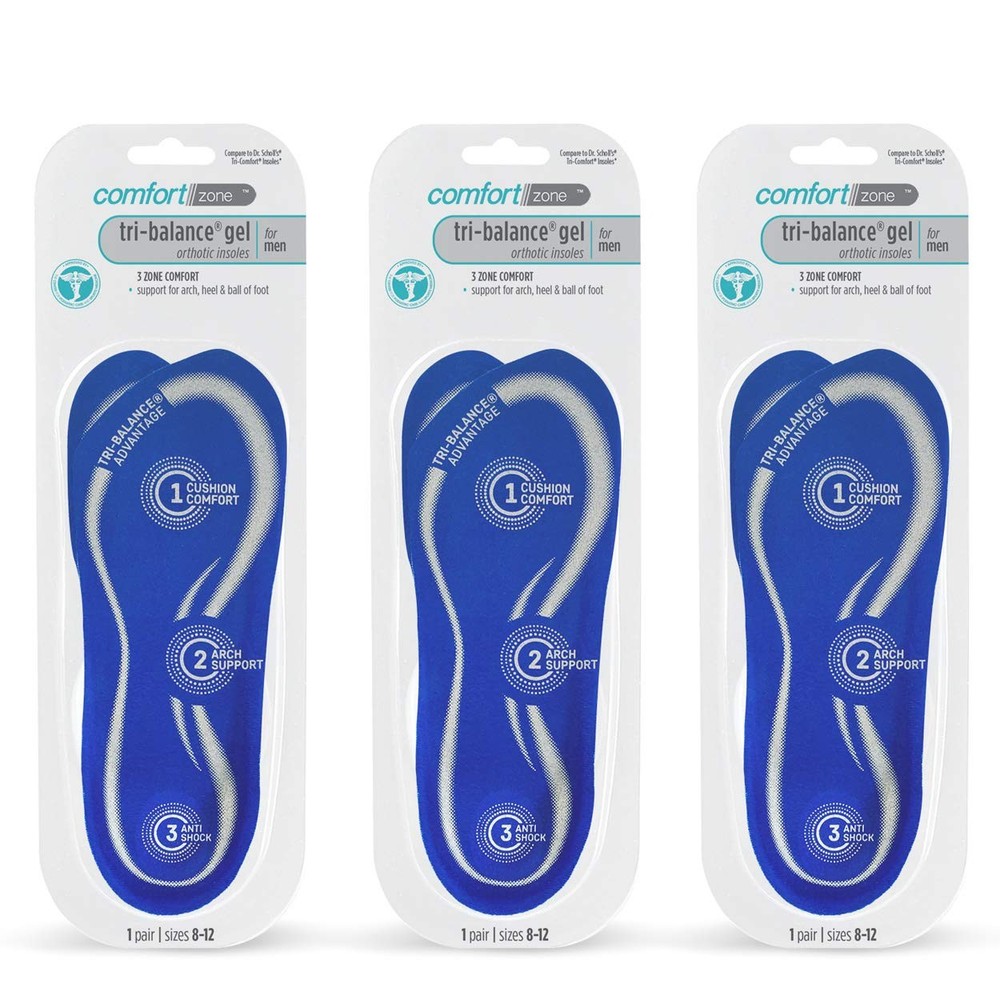 Comfort Zone Tri-Balance Gel Orthotic Insoles for 1 Pair (Pack of 3), Blue
