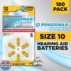 Powermax Size 10 Hearing Aid Batteries, 180 Count Long-Lasting Battery Pack,