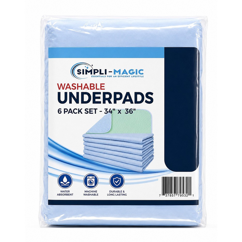 Simpli-Magic Washable Underpads 34″x36″, Waterproof Heavy Absorbency, 6-Pack