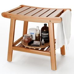 Waterproof Bamboo Shower Bench Stool with Storage Shelf – Spa Bathroom Chair