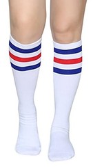 Triple Stripes Soft Cotton Knee High Tube Socks for One Size Blue/Red/White