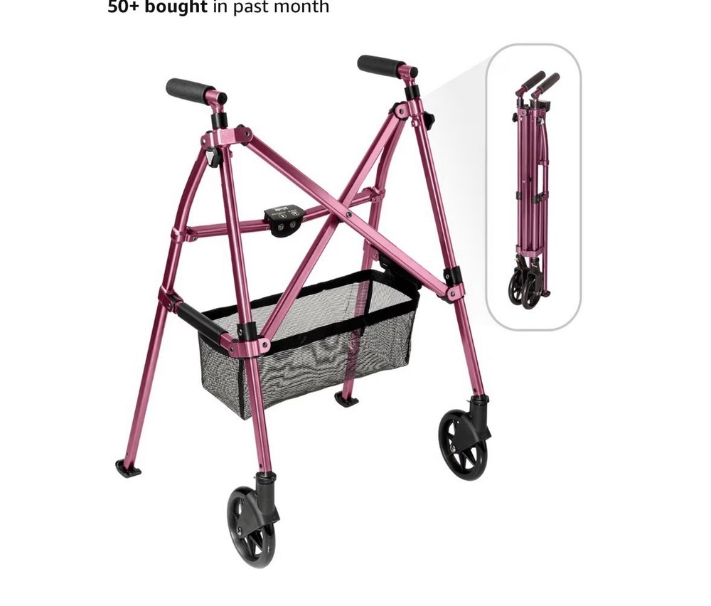 Stander Wonder Walker Plus Folding Mobility Walker w/Wheels Basket Regal Rose