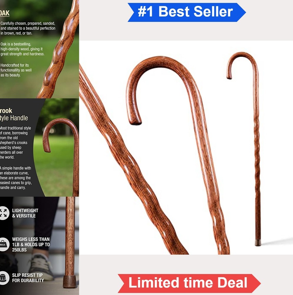 Twisted Oak Walking Cane Crook Handle 37 Inch Wood Mobility Aid Handcrafted