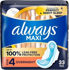 Always Maxi Pads Size 4 Overnight Absorbency Unscented with Wings, 33 Count
