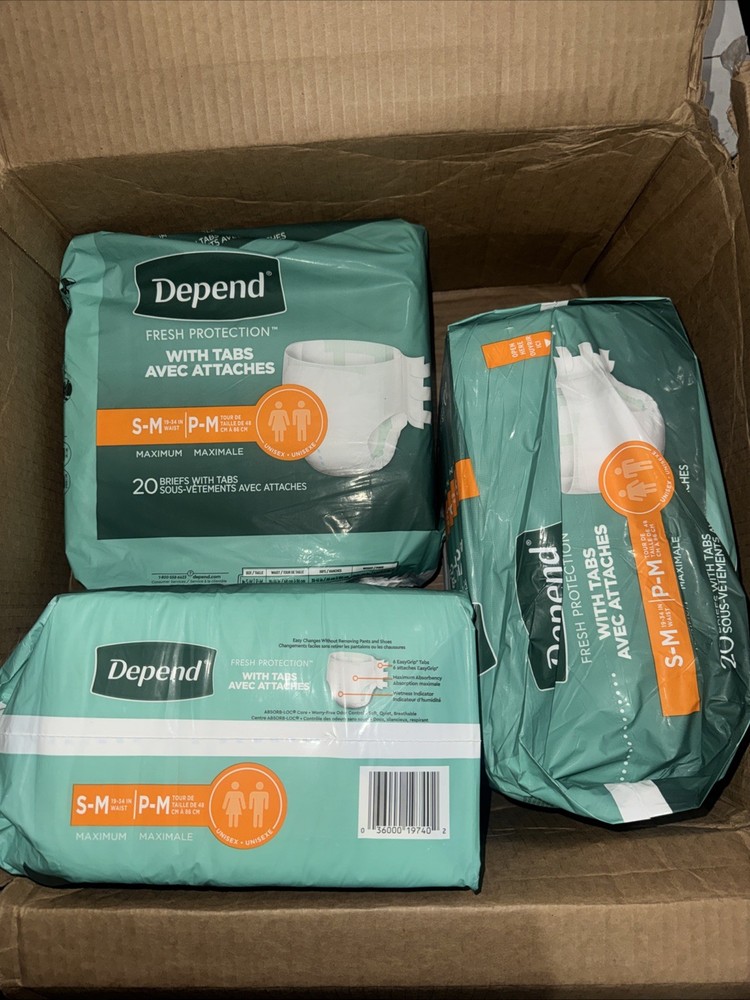 Free Ship! 60 Ct Total Depend Incontinence Underwear Max S/M, Unisex briefs Tabs