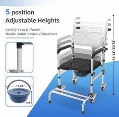 4-in-1 Adjustable Height Bedside Commode or Shower Chair w/ Wheels, 350 lb