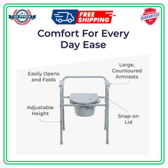 Drive Medical Folding Bedside Commode – Steel Frame, 350 lbs Capacity, Grey
