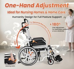 3-in-1 Reclining Foldable Wheelchair Lay-Flat Bed, 265 lb, Headrest