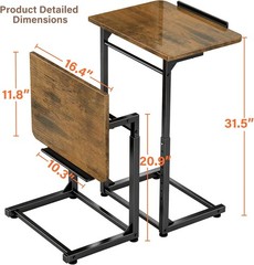 C-Shaped Side Table 8-Level Height Adj, Tiltable, w/ Phone & Tablet Slot, Brown