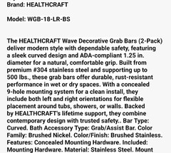 HealthCraft Wave Grab Bars, 18-in.,ADA-compliant Stainless Steel/Ships From USA