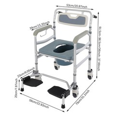 Height Adjustable Commode Chair, Rolling Shower Wheelchair, Versatile Design