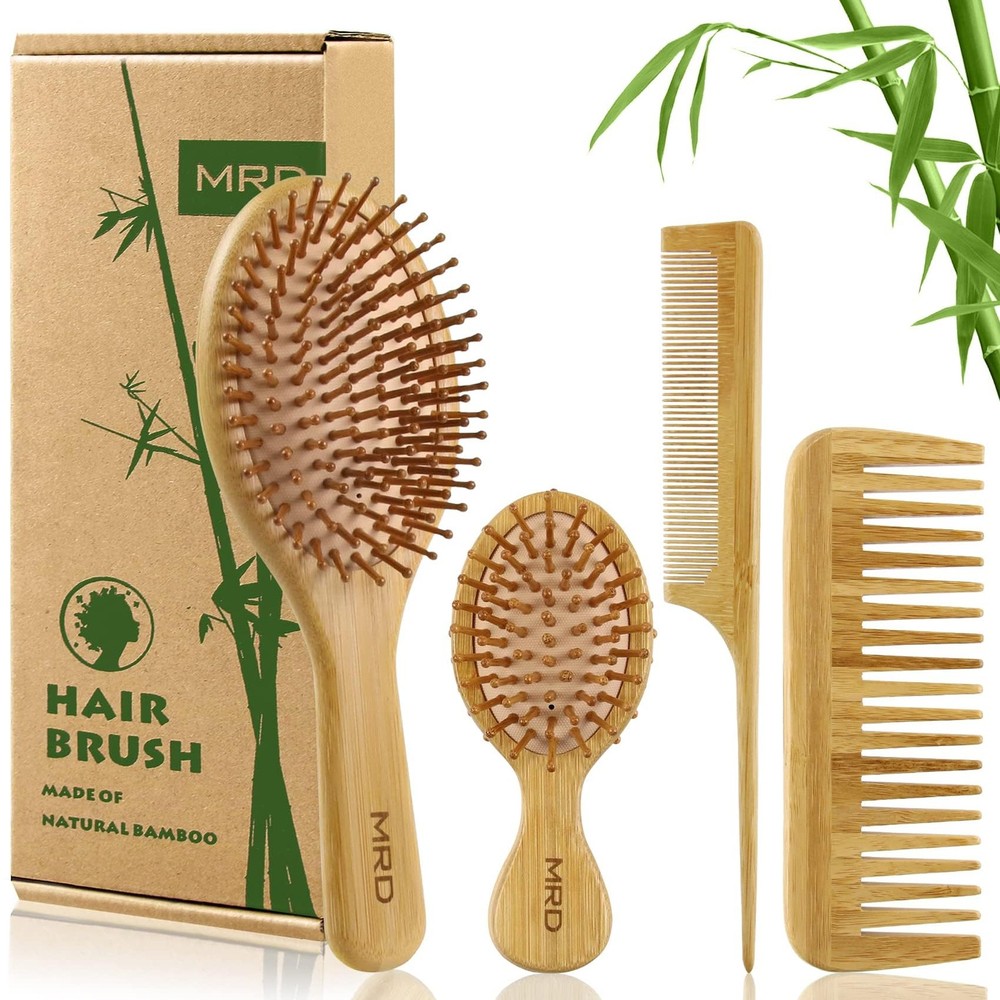 Mrd Hair Brush Set Natural Bamboo Comb Paddle Detangling Hairbrush Wide-Tooth