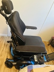 Permobil Power Wheelchair w/ Headrest & Joystick, 6-Wheel, Black/Blue